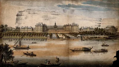 The Royal Hospital, Chelsea; and the Rotunda at Ranelagh: viewed from the Surrey bank with boats on the river