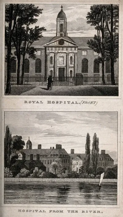 The Royal Hospital, Chelsea: two views; one of the central portico of the north side; the other from the Surrey bank with boats on the river