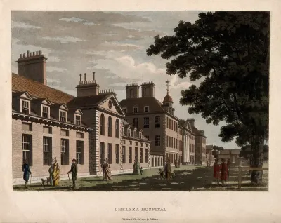 The Royal Hospital, Chelsea: view of the north elevation with many people passing by