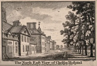 The Royal Hospital, Chelsea: view of the north facade, looking west
