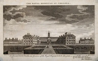 The Royal Hospital, Chelsea: viewed from the South with boats on the river