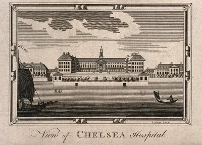 The Royal Hospital, Chelsea: viewed from the Surrey bank with boats on the river
