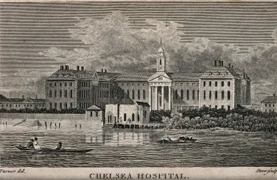 The Royal Hospital, Chelsea: viewed from the Surrey bank with boats on the river