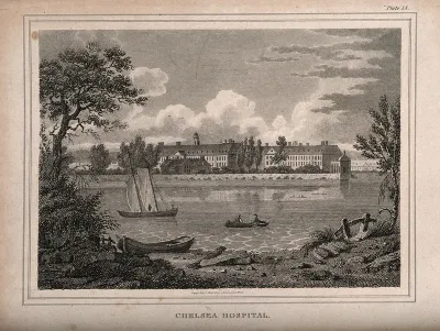 The Royal Hospital, Chelsea: viewed from the Surrey bank with boats on the river