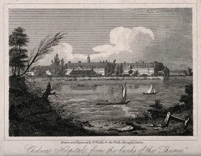 The Royal Hospital, Chelsea: viewed from the Surrey bank with boats on the river