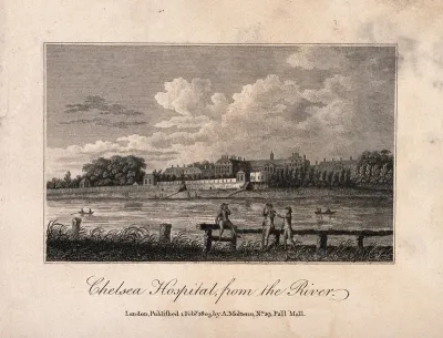 The Royal Hospital, Chelsea: viewed from the Surrey bank with boats on the river and three loungers on the near bank