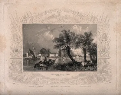 The Royal Hospital, Chelsea: viewed from the Surrey bank, with boats on the river and two men lounging on the bank