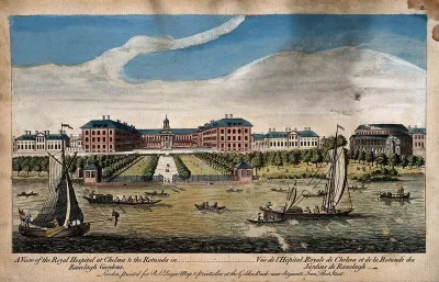 The Royal Hospital, Chelsea: viewed from the Surrey bank with boats on the river