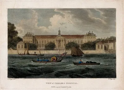 The Royal Hospital, Chelsea: viewed from the Surrey bank with boats, one flying the Red Ensign, on the river