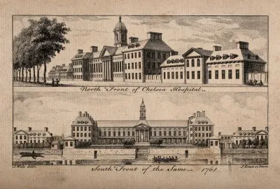 The Royal Hospital, Chelsea: views of the north and south facades, the upper [north] a threequarter view, the lower seen from the Surrey bank with boats on the river