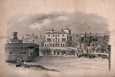 The Royal Hotel, Slough, with a train arriving at the adjacent railway station attended by mounted guardsmen and cheering crowds