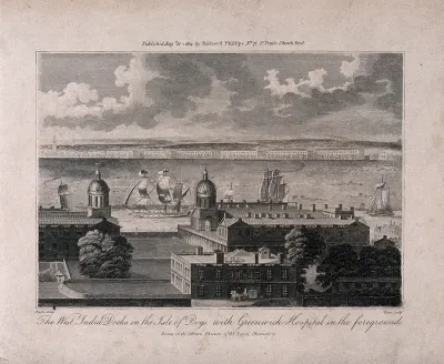The Royal Naval Hospital and the Queen's House, Greenwich, from the south, the Isle of Dogs and West India Docks beyond