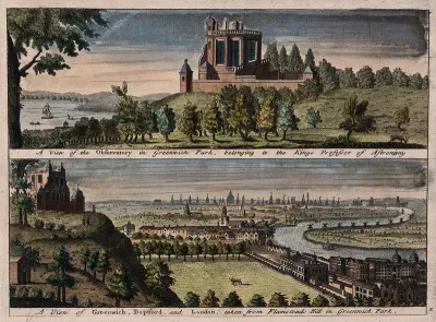 The Royal Observatory, Greenwich Hill, top, and the view of Greenwich and London seen from the hill, below