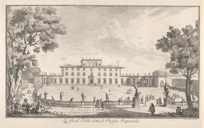 The Royal Villa called il Poggio Imperiale (La Real Villa detta il Poggio Imperiale), view of the façade and balustrade with statuary, from "Views of the city and other places of Tuscany" (Vedute delle ville e d'altri luoghi della Toscana)