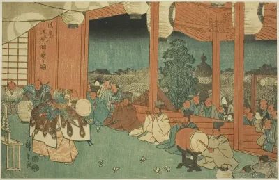 The Sacred Dance at the Shinmei Shrine in Shiba at Dawn (Shiba Shinmei, Omiya gengyo kagura no zu), from the series "Famous Places in the Eastern Capital (Toto meisho)"