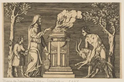 The sacrifice of a ram held by a naked man at right, hooded priest at left with a young attendant