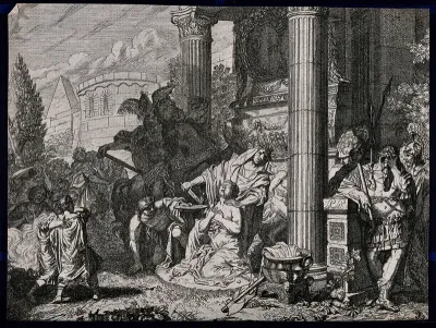 The sacrifice of Iphigenia or Polyxena: the victim is about to have her throat cut and her blood caught in a bowl when a god with a drawn sword appears