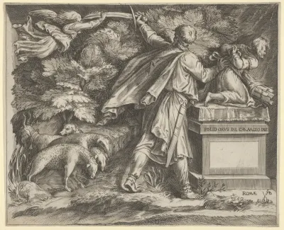 The Sacrifice of Isaac set in a landscape with a flock of sheep at left and an angel guiding Abraham's sword at upper left