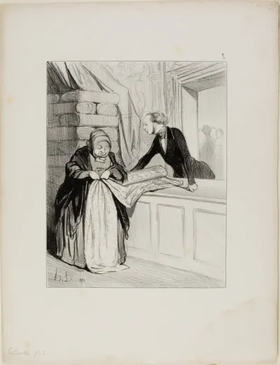 The Salesman's Hoax. – A Design Out of Fashion. "This kind of fabric has a delightful shade; Madame is the first to whom I have shown it.... all our young women are going to tear each other apart for it. What a charming design.... it would look marve