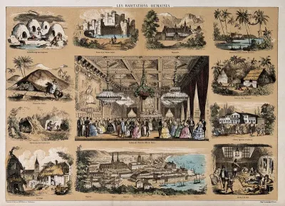 The salon at the Hotel de Ville, Paris, surrounded by vignettes showing various other types of dwelling