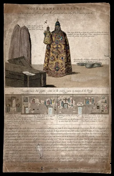 The sculpted image of the Holy Virgin of Loreto, a robe and three plates supposed to be used by the Virgin as they were sent to Paris by Napoleon; below, interiors of the Casa Santa at Loreto