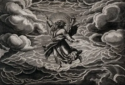 The second day of Creation: God, suspended in the clouds, divides the heavens from the waters