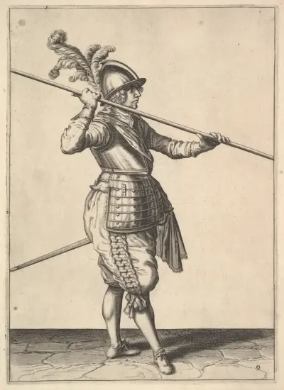 The second movement for bringing the pike on to the shoulder and holding it horizontally, from the Lansquenet series, plate 9, in "Wapenhandelinghe van Roers Musquetten Ende Spiessen" (The Exercise of Arms)