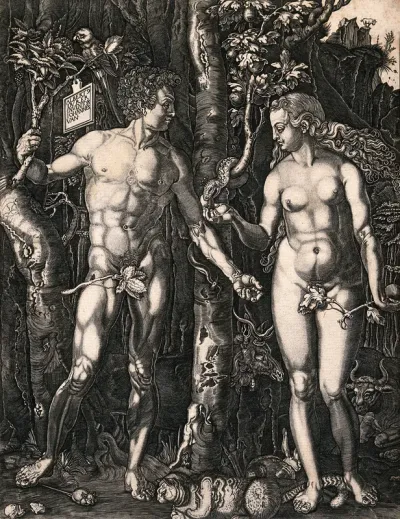 The serpent passes the fruit to Eve while Adam holds onto a branch