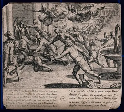 The seven sons of Lara take vengeance on Doña Lambra's servant for insulting Gonzalo Gomez: they kill the servant in front of Doña Lambra and smear her cloak in his blood