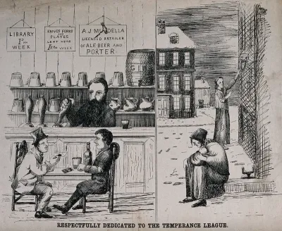 The Sheffield election of 1868: (left) two men play cards and drink in a warm pub; (right) two women (one with a baby) beg and cower in a snowy street
