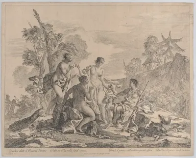 The shepherd Paris sitting on the right, holding a staff and handing an apple to Venus accompanied by two nymphs
