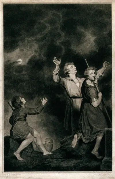 The shepherds attending at the birth of Christ look up at the angel