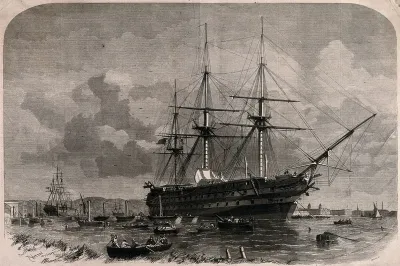 The ship Agamemnon at anchor off Greenwich before setting off to lay the telegraph cable across the Atlantic from Ireland to Canada