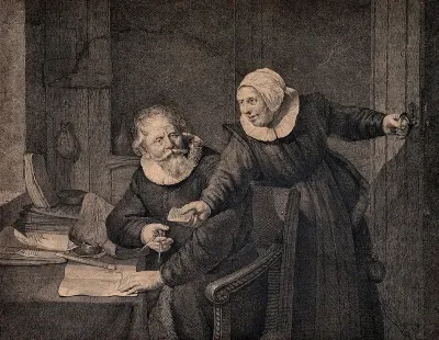 The shipbuilder and his wife: he working at his plans, she brandishing a household account