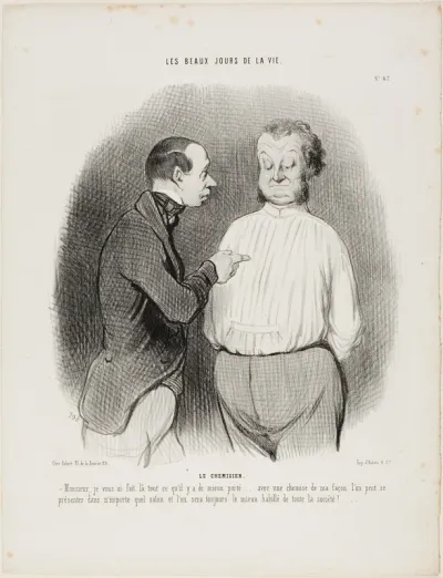 The Shirt Maker. “Sir, I have tailored here for you the best that is presently available..... with a shirt of my making one can present oneself in no matter what Salon and one will always be the best dressed man of the party,” plate 67 from Les Beaux