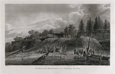The shore of Nootka Sound, British Columbia, Canada, with some of its inhabitants encountered by Captain Cook on his third voyage (1777-1780)