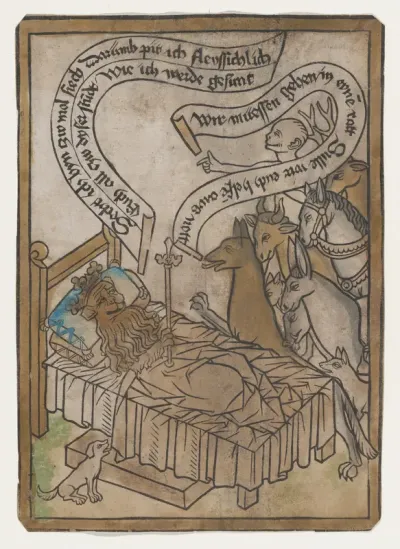 The Sick Lion Summons the Animals to His Bedside from the Sick Lion blockbook, 2nd edition