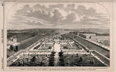 The site of the 1862 Exhibition, as designed for the Horticultural Society: aerial view, looking north