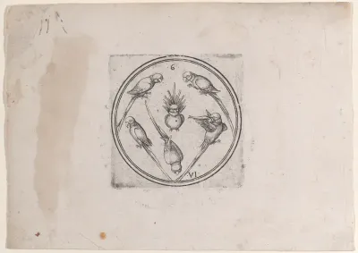 The Six of Parrots, from a series of round playing cards