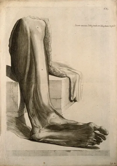 The skin removed from the lower leg, exposing the muscles of the lower leg and the sole of the foot