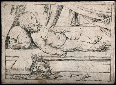The sleeping infant Christ is surrounded by the instruments of the Passion and symbols of death; representing the forthcoming Passion