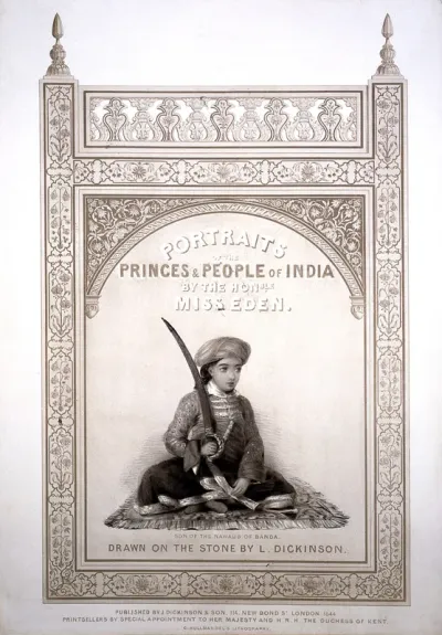 The son of Nawaub of Banda seated on an oriental rug holding a sword within an ornate border