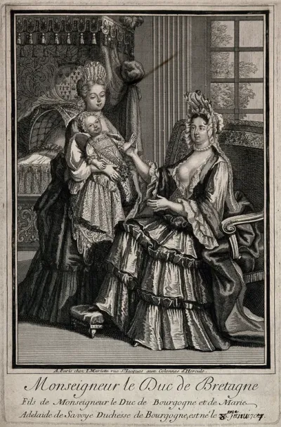 The son of the Duke of Burgundy about to be breast fed by his mother Mary Adelaide of Savoy, 1707