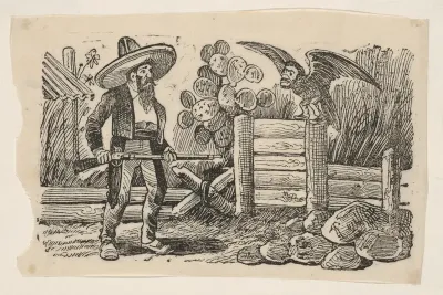The Sorcerer, a man with a gun confronting a bird with the face of a man