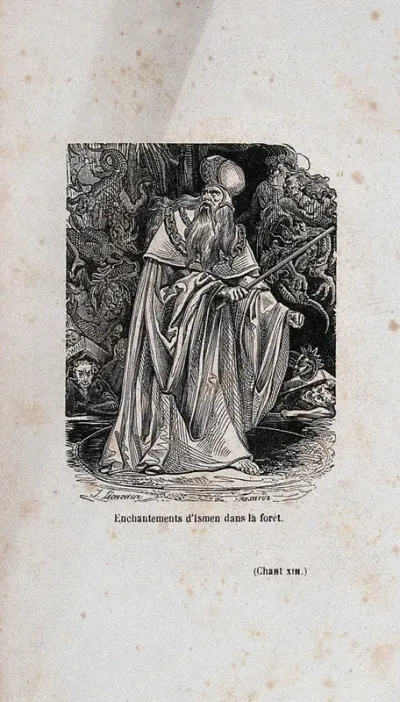 The sorcerer Isman with a wand in an enchanted forest: an episode in Gerusalemme liberata by Tasso