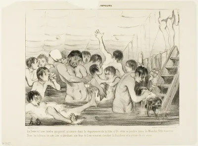 The source of the Seine is the Cote d'Or, and it empties into the Channel. On its way it traverses Paris where the inhabitants escape the summer's heat and try to find freshness and purity in this river, plate 3 from Les Baigneurs