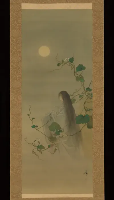 The Spirit of the Deceased Yūgao Entwined in Moonflower Vines, based on the print “The Lady of the Evening Faces,” from the series One Hundred Aspects of the Moon (Tsuki hyakushi: Genji Yūgao no maki)