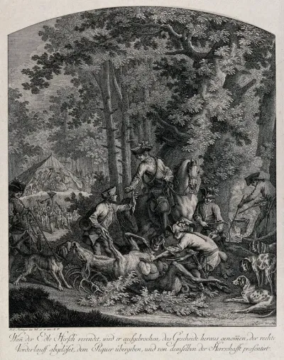 The stag is disembowelled by the huntsmen in the forest with a cureé in the background