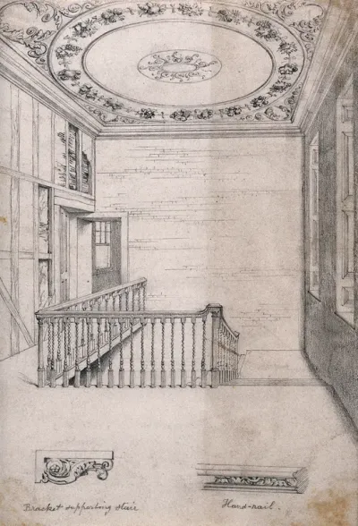 The staircase, and two details of the woodwork, at 49 Great Ormond Street, Holborn