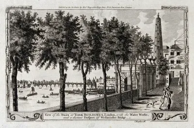 The stairs at York Buildings, the Strand; in the background are the tower of the waterworks and Westminster Bridge